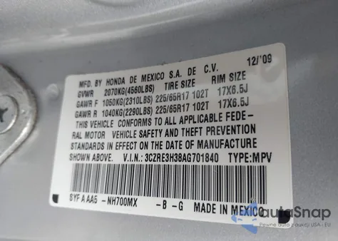 2010 Honda Cr-V Lx из США, поврежденный, VIN 3CZRE3H38AG701840